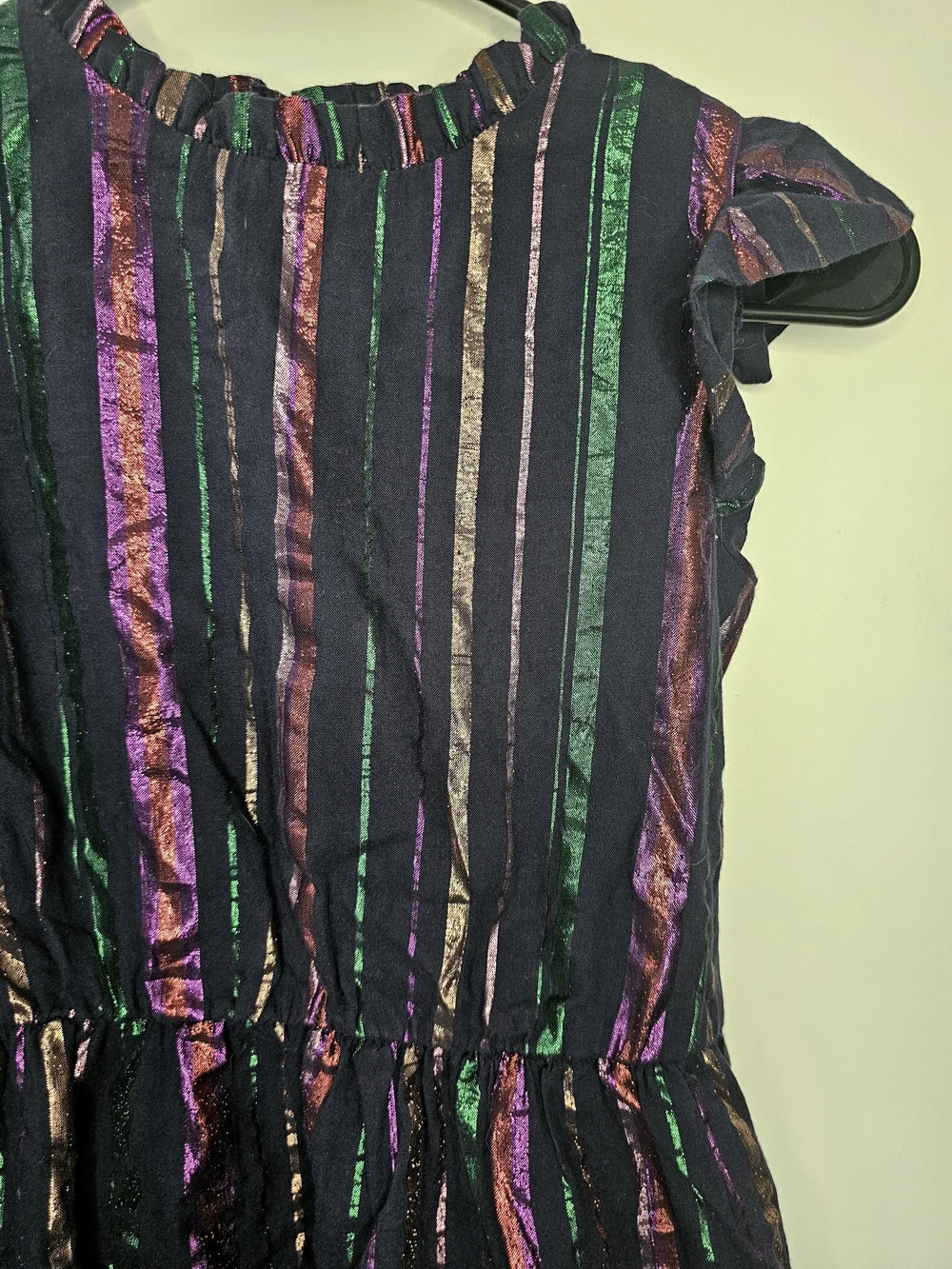Gap Kids Metallic Stripe Ruffle Dress Girls Large 10 Black Purple Green